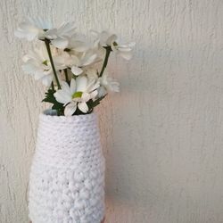 small white for eco friendly home decor with glass vase inside, crochetet