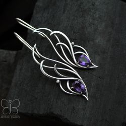 Amethyst silver earrings elven style