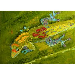 Lizard Painting Animal Original Art Pangolin Artwork Small Impasto Oil Painting Lizard Art 5 by 7" by originalpainting