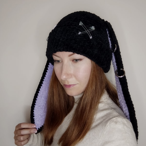 Fuzzy Rabbit Hat Black Goth Bunny Tassel Fuzzy Beanie β XDGDV