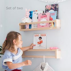 Set of 2 Wall Shelf, Floating Wood Shelves, kids Book Rack, Nursery shelves