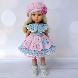 Doll clothes Paola Reina: dress, collar, beret, boots and petticoat, 13 inch dolls pink and blue outfit