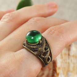 Emerald Green Glass Bronze Snake Adjustable Ring Large Statement Boho Hippie Brutal Gothic Unisex Ring Jewelry Gift 6807