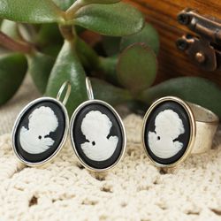 Lady Cameo Jewelry Set Black and White Minimalist Classical Casual Gold Girl Cameo Earrings and Ring Jewelry Set 6483