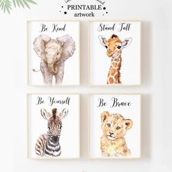 jangle animal digital prints set nursery decor - elephant - be kind giraffe - stand tall lion be brave zebra be yourself