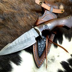 handmade damascus steel hunting knife handle deer antler leather sheath handle and clip, hand forged damascus