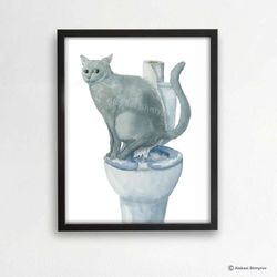 Bathroom Gray British Cat Art Print, Cat Decor, Watercolor Painting, Bathroom Art, Cat Lover Gift