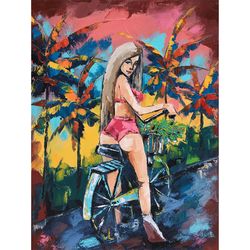 Bicycle Girl Painting Palm Tree Original Art Sexy Woman Bike Artwork California Wall Art  16 by 12 inch ARTbyAnnaSt