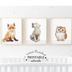 Woodland Full body animals print set, Animal prints for nursery, Digital,  Bear, Owl, Wolf, Nursery decor, Nursery Art