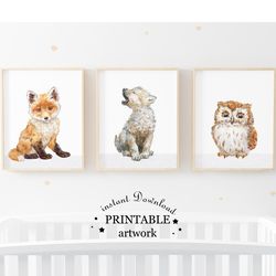 woodland full body animals print set, animal prints for nursery, digital,  bear, owl, wolf, nursery decor, nursery art
