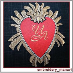 Machine embroidery design heart with crown in fiery frame