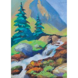 Mountain river painting Oil pastel art Landscape wall art