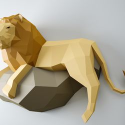 Papercraft Lion, 3D paper model, PDF paper craft template, low poly leo, wall decor DIY gift, animal paper trophy