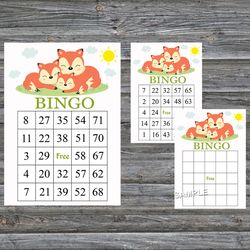Sleeping Fox bingo cards,Sleeping Fox bingo game,Fox printable bingo cards,60 Bingo Cards,INSTANT DOWNLOAD--294