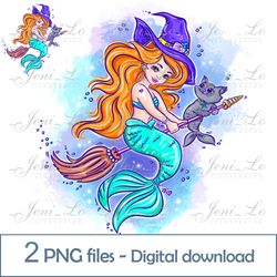 Witch Mermaid 2 PNG files Happy Halloween clipart Witch on broomstick Sublimation design princess Digital Download