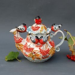 Porcelain Art teapot Birds figurines Rowan berries Bullfinch Sculpture Teapot Ceramic Collectible ware Natural motives