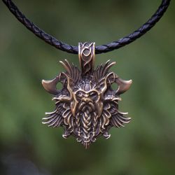 Odin pendant decorated with ravens and hammers on leather cord. Viking warrior necklace. Pagan Handmade jewelry.