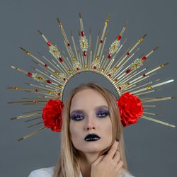 Gold halo headpiece Red rose flowers woman crown Spiked crystal Goddess cosplay Halloween crown Day of the dead