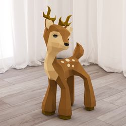 3D Papercraft Fawn, Paper Craft Deer model, DIY sculpture, low poly animal pattern, PDF template, Roe deer baby model