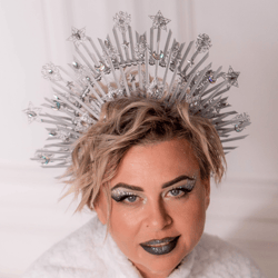 Silver halo headpiece Ice queen headdress Star crown Moon halo crown Celestial wedding Bridal tiara Halloween photoshoot