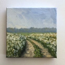 Landscape Oil Painting Neutral Landscape Painting on Stretched Canvas Field Small Painting