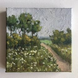 Original oil art countryside painting small artwork neutral landscape painting pathway