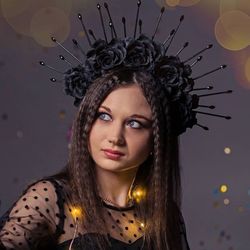 Black flower crown Gothic halo Dark goddess headpiece Spike crystal headdress Halloween crown Day of the dead
