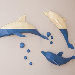 DIY Papercraft Dolphins jumping out of water, PDF template paper craft model, fish whale digital kit pattern