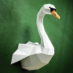 Papercraft Swan, DIY paper craft model, PDF template kit, Low poly paper sculpture, origami, animal trophy head, bird