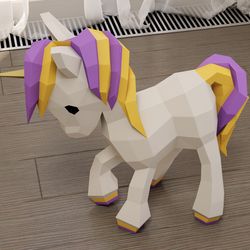 Papercraft Unicorn baby, 3D paper craft floor model, cute sculpture, PDF template, digital paper puzzle kit, pattern