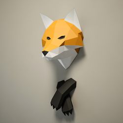 DIY paper Fox with paws, polygonal animal trophy, papercraft pattern, craft project, make your own origami statuary