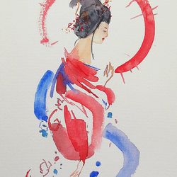Japanese Woman Painting Original Artwork Watercolor Female Portrait   8" by 11" by ArtMadeIra