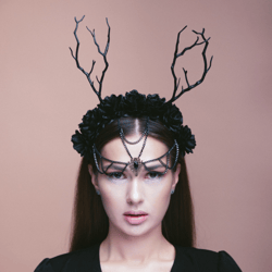 Antler headpiece Black flower crown Gothic headdress Horns headband Halloween woman crown Mardi Gras Day of the dead