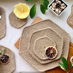 Jute napkins, Set of 3 different size crochet farmhouse hexagonal coasters, Large dining placemat,Medium napkin, Mug rug
