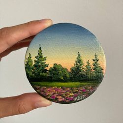 hand painted canvas magnet, summer landscape, mini canvas magnets, small painting on canvas, mini oil art, mini painting