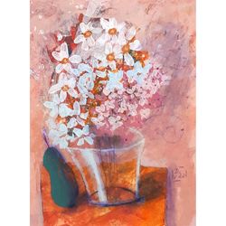 daisy painting pear original art acrylic still life artwork 6" by 8" by dmitry vyazmin