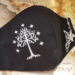 Tree of Gondor embroidered cotton face mask, Crown of Aragorn reusable facemask, Cloth washable facemask with nose vire