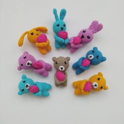Miniature Forest Animals with Heart, Amigurumi Bunnies Teddy Bear Rabbits, Stuffed Handmade Toys