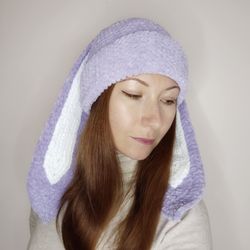 Cute bunny beanie crochet Fluffy bunny hat adult Plush bunny beanie hand knit Kawaii bunny hat for teens