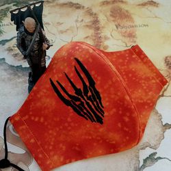 Sauron helmet embroidered cotton face mask, Tolkien logo reusable facemask, Black cloth washable facemask with nose vire