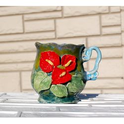 Flower mug Red anthurium.Embossed decor mug Botanical ceramics Plant prints mug Multicolored mug heart flowers Gift her