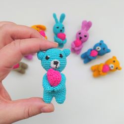 Miniature Amigurumi Blue Teddy Bear with Heart, Stuffed Handmade Toys