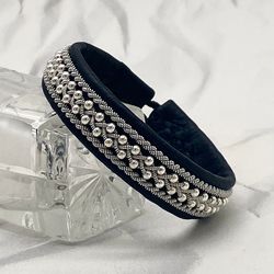 Womens black leather bracelet with silver beads. Sami bracelet. Scandinavian jewelry. Gift for women. Custom size bangle