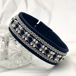 Womens black leather bracelet with silver beads. Sami bracelet. Scandinavian jewelry. Gift for women. Custom size bangle