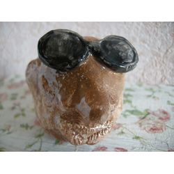 Ceramic Stone Face with sunglasses. Yard Art Rock. Stone Garden Decoration. Handmade