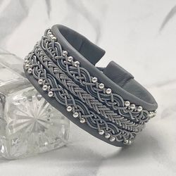 Wide women's leather bracelet with silver beads. Sami bracelet. Viking jewelry. Norse accessories. Scandinavian design
