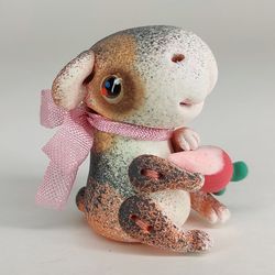 little guinea pig with pink bow and radish. animal miniature.  guinea pig toy. collectible toy. collectible figurine.