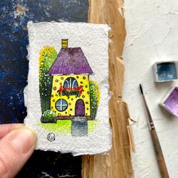 Tiny painting Miniature Original art Yellow house Mini watercolor 2x3 by Rubinova