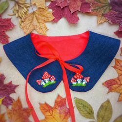 detachable collar, mori fairy, mori kei, magic mushroom, denim collar, dark academia, embroidered collar, collar women