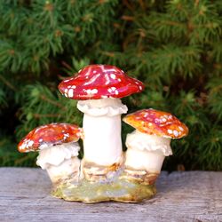 triple fly agarics figurine magic mushrooms handmade ceramic figurine fairy style amanita figurine home decor porcelain